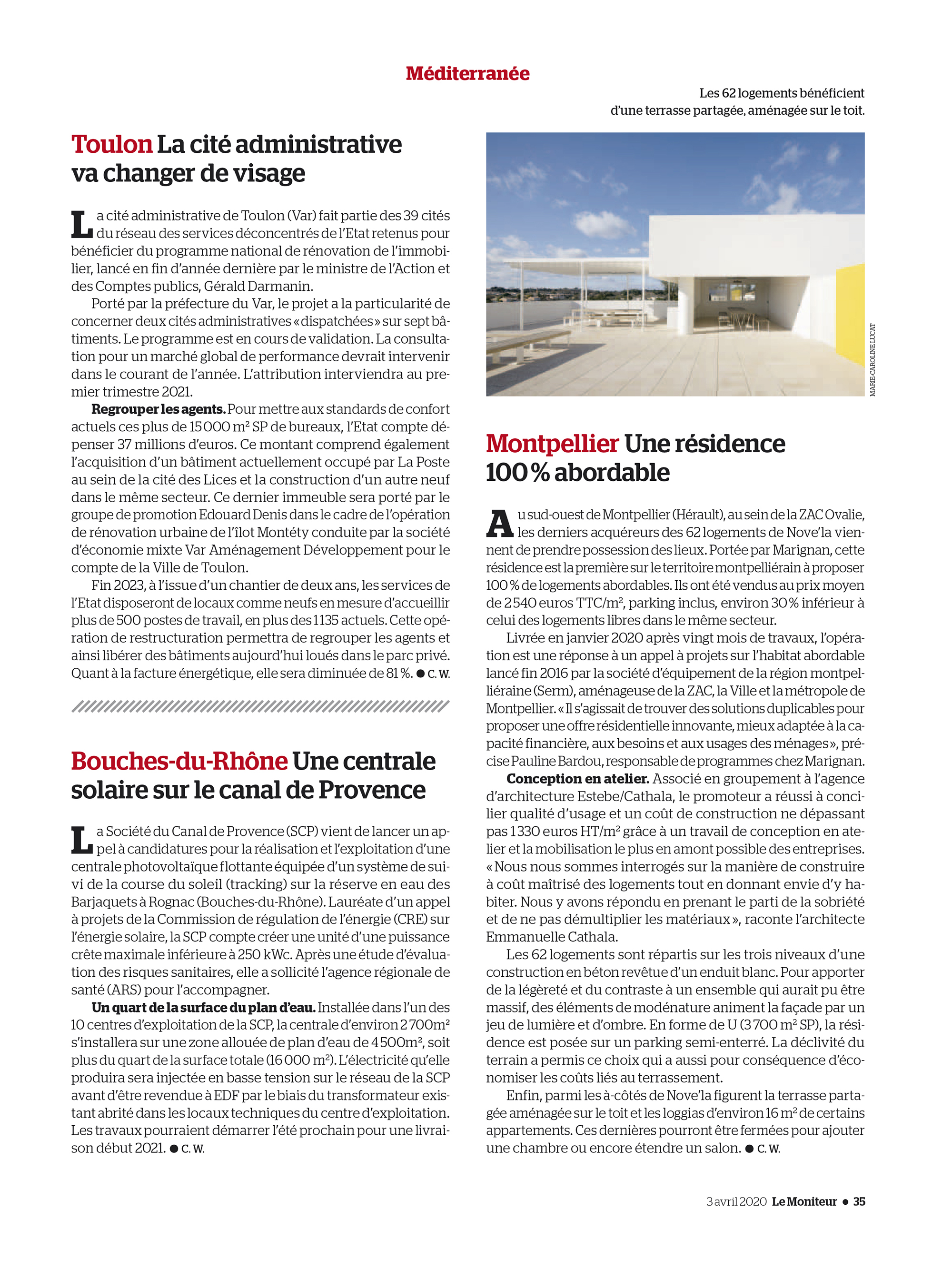 Le Moniteur N° 6078 du 03-04-2020 - Page 35 - Terrasse Partagee De La Premiere Residence Abordable Realisee Sur La Ville De Montpellier. Residence Nove’La Estebecathala-Architectes